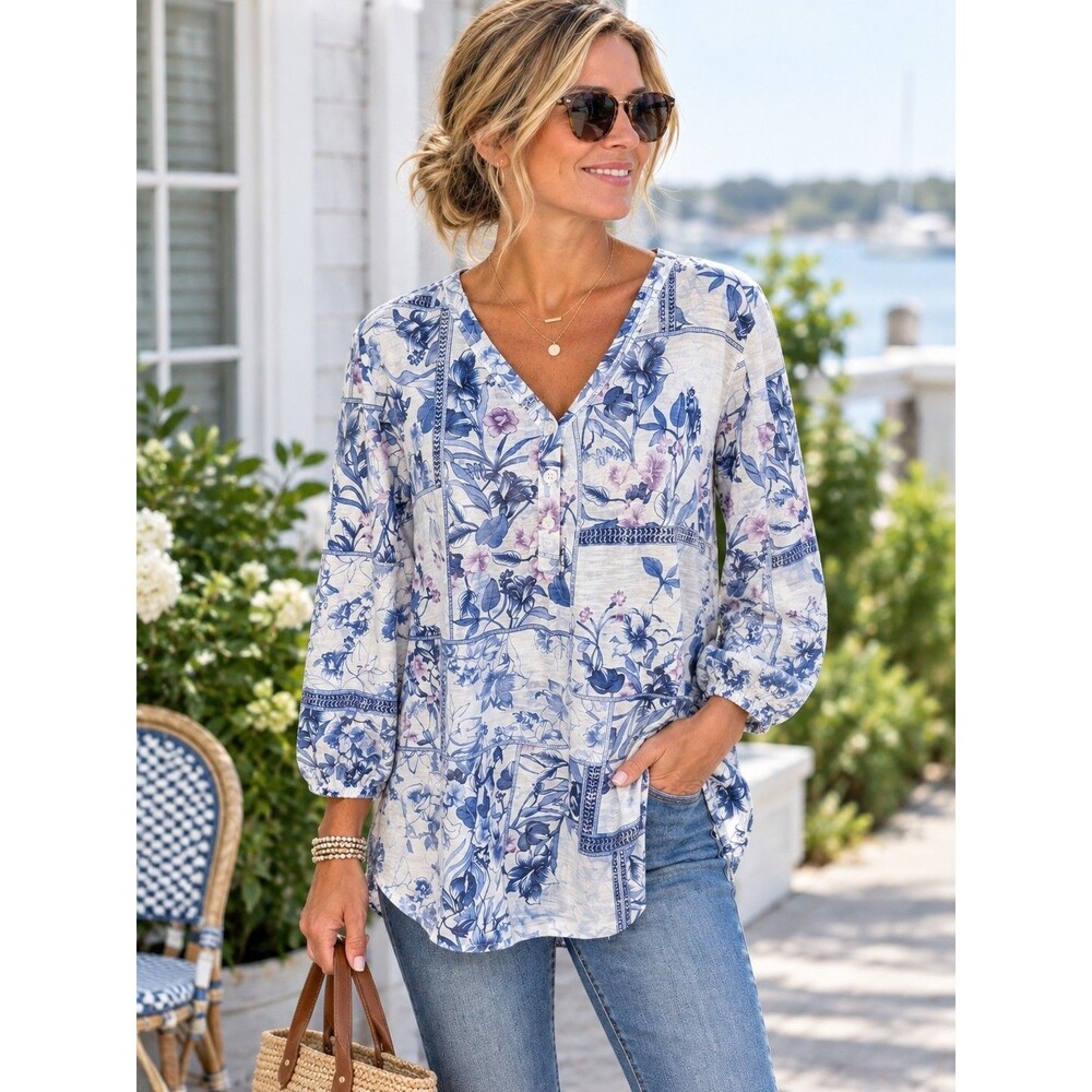 Chico's Elle Puff Slv Cotton Slub Henley Tee Women's XXL 4 Blue Floral Hawaiian